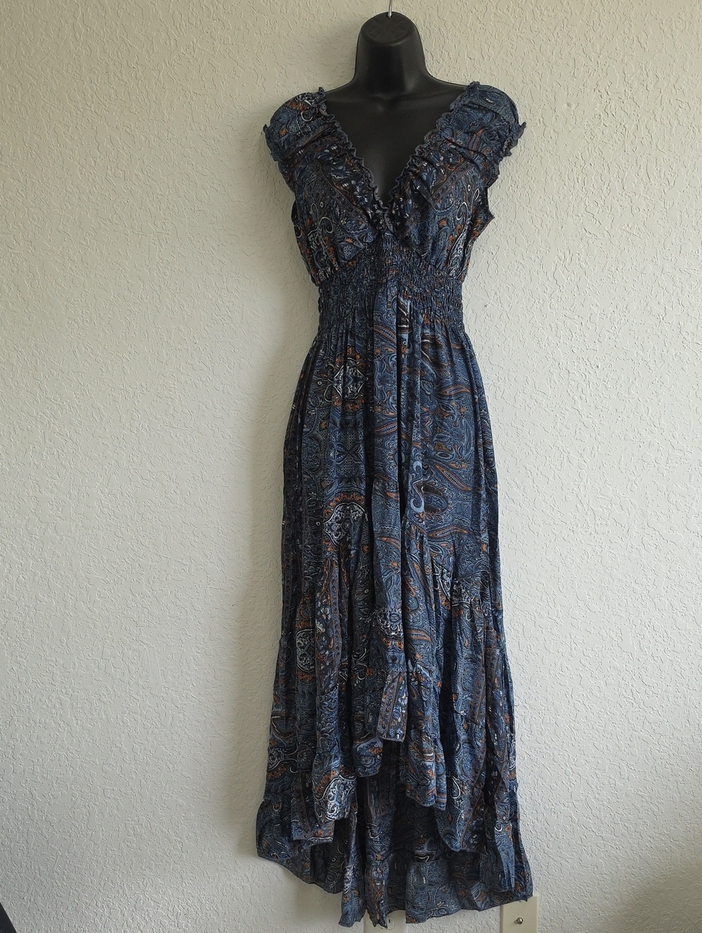Boho Smocked V-Neck Navy Paisley Maxi Dress